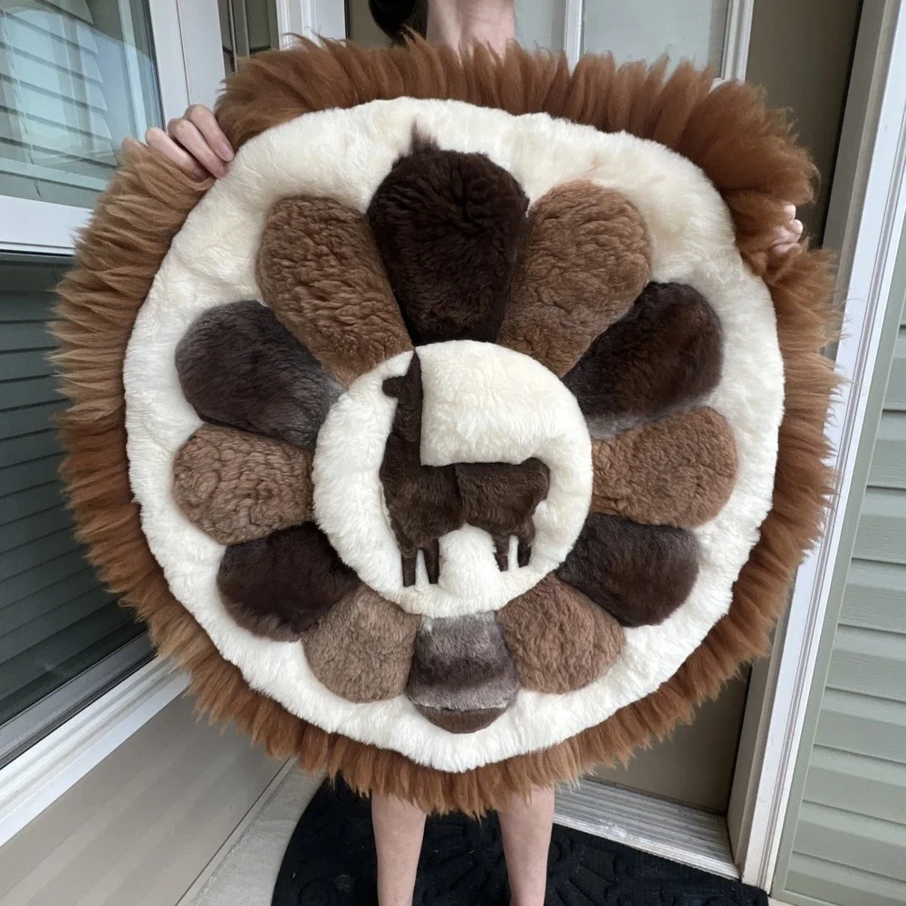 Vintage Alpaca Llama Fur Peruvian Round Handmade Hide Stitched Rug Wall Art  31